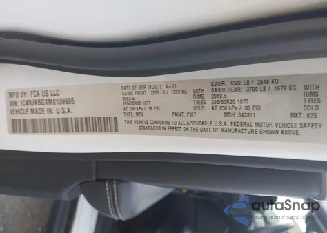 2021 Jeep Grand Cherokee L Limited z USA, uszkodzony, nr VIN 1C4RJKBGXM8109986